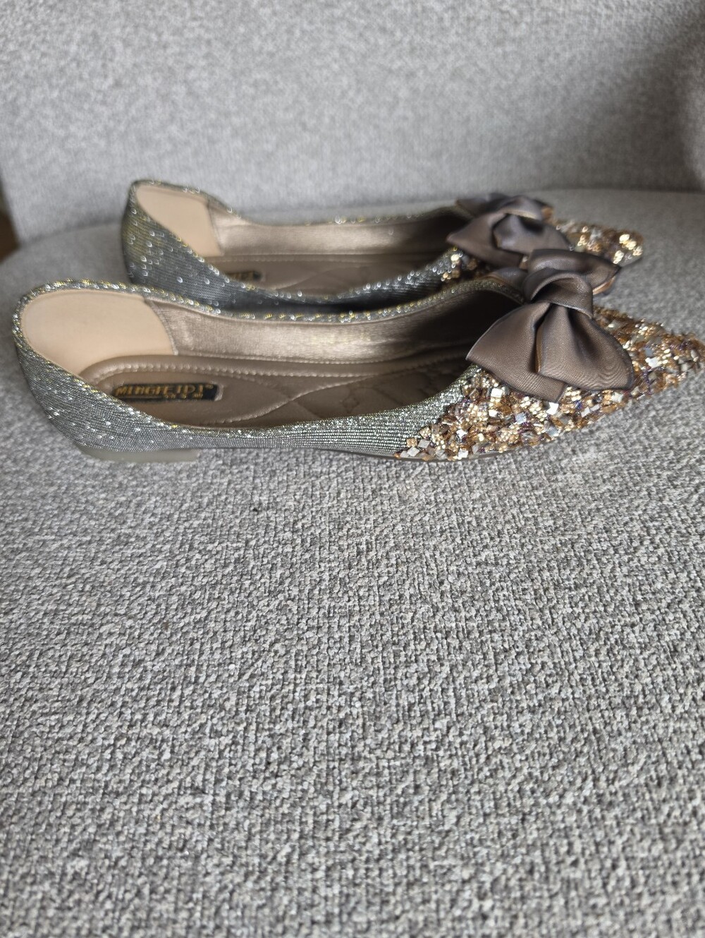 Metallic Bow Embellished Pointed Toe Ballet Flats Gold Silver Gray Sz 265
